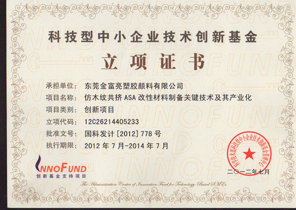 科技型中小企業技術創新基金-立項證書